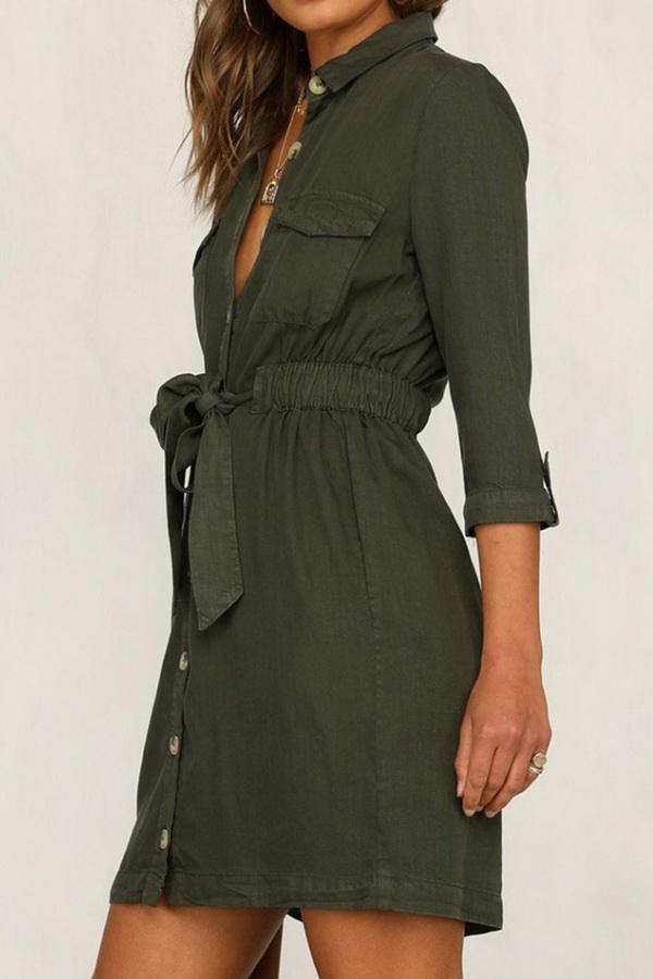 Cropped Sleeve Single-breasted Pocket Dress
