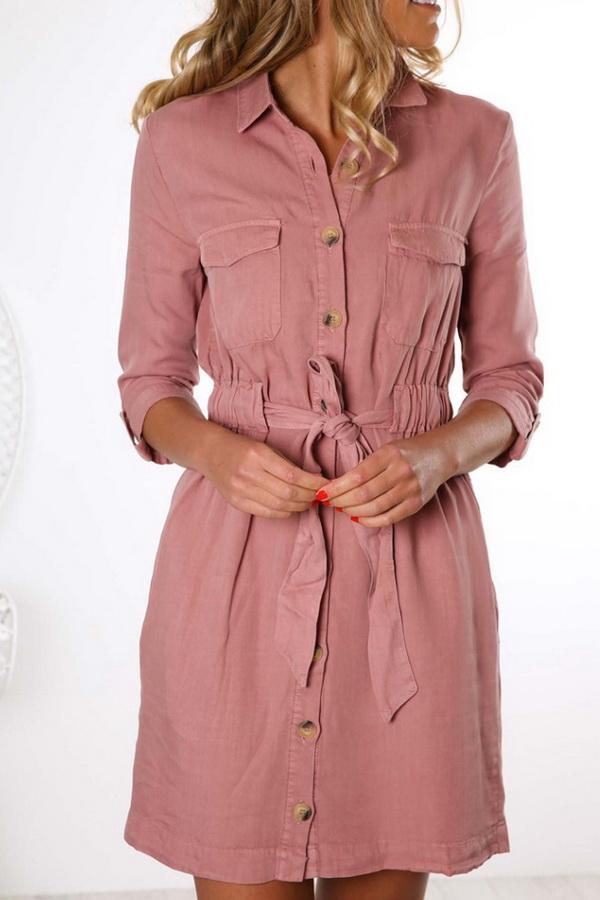 Cropped Sleeve Single-breasted Pocket Dress