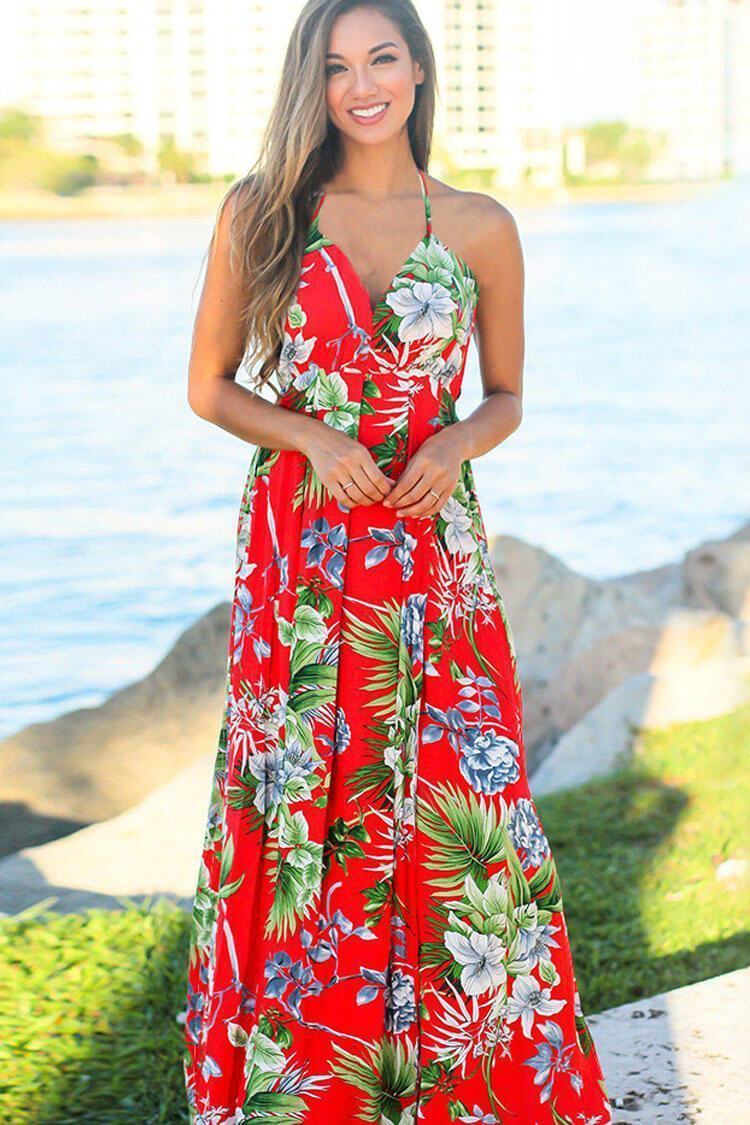 Cross Back Boho Printed Maxi Beach Dress