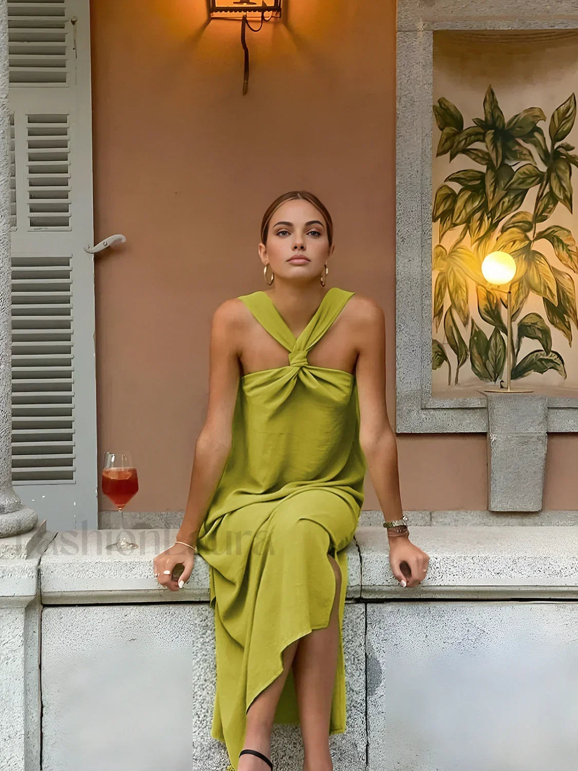 Cross Halter Split Long Dress Green / XS Dresses