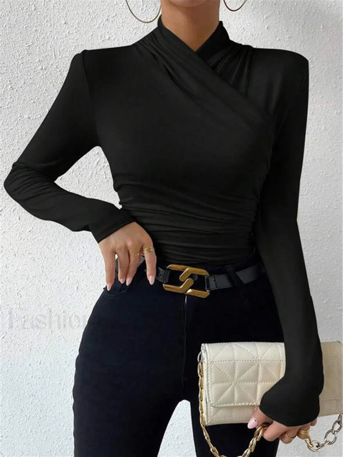 Cross-Over Collar Pleated Cinched T-Shirt