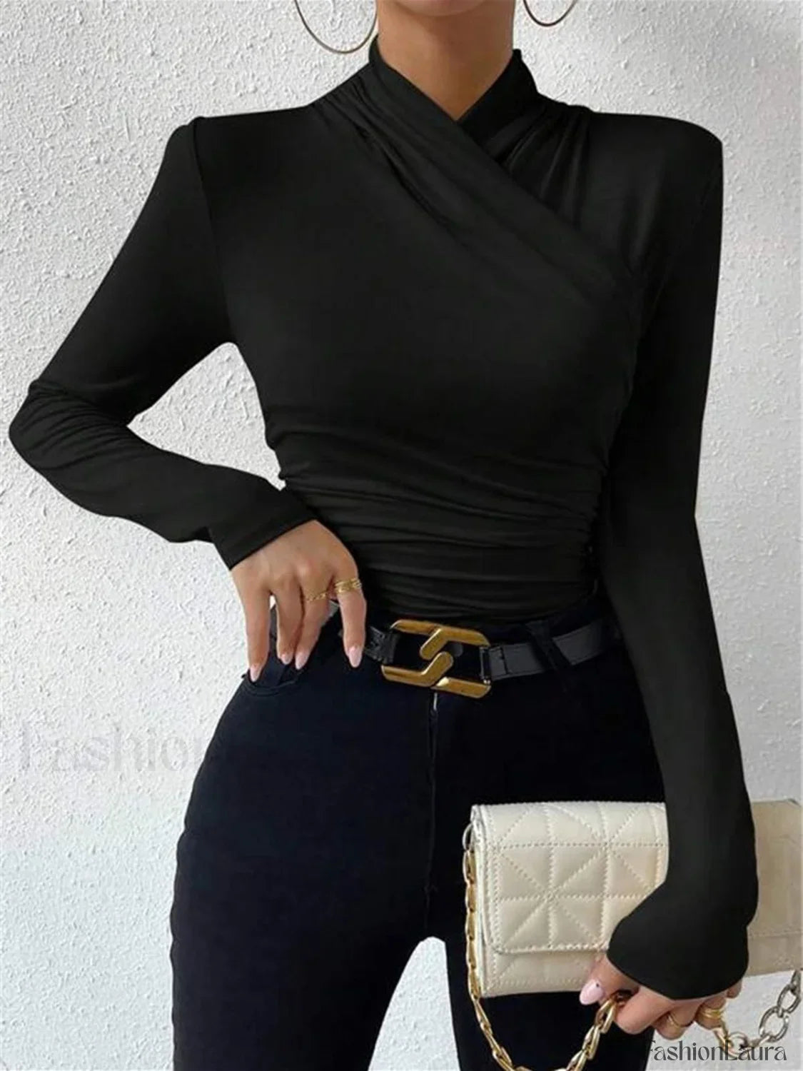 Cross-Over Collar Pleated Cinched T-Shirt