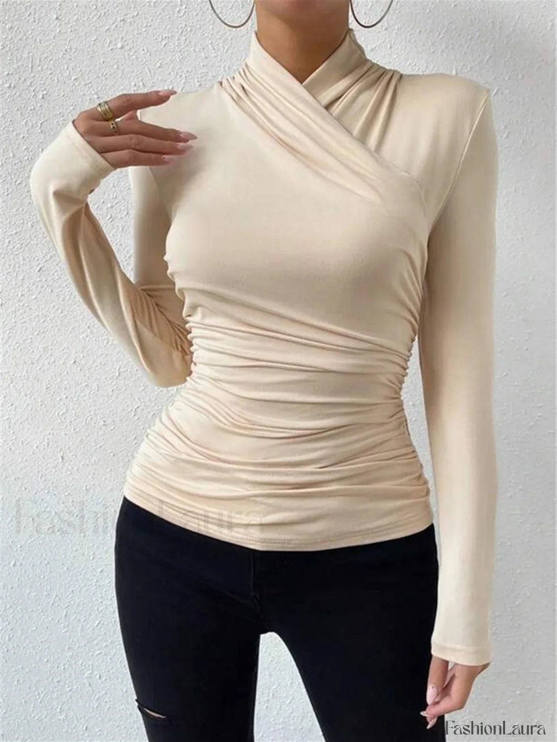 Cross-Over Collar Pleated Cinched T-Shirt