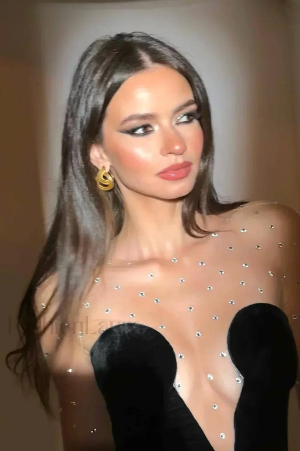 Crystal Mesh Long Charming Sleeve Velvet Dress