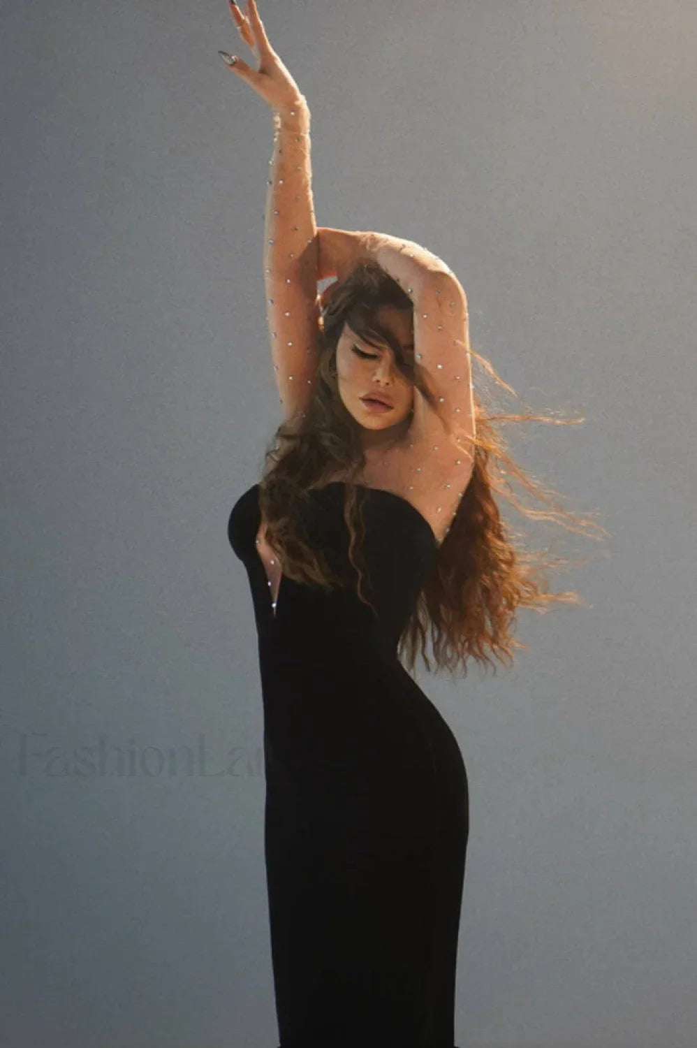 Crystal Mesh Long Charming Sleeve Velvet Dress