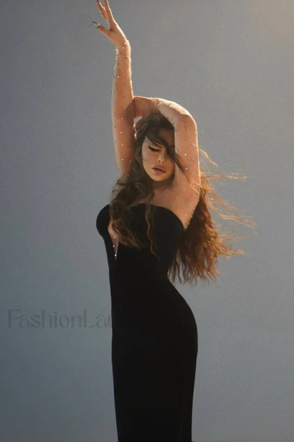 Crystal Mesh Long Charming Sleeve Velvet Dress