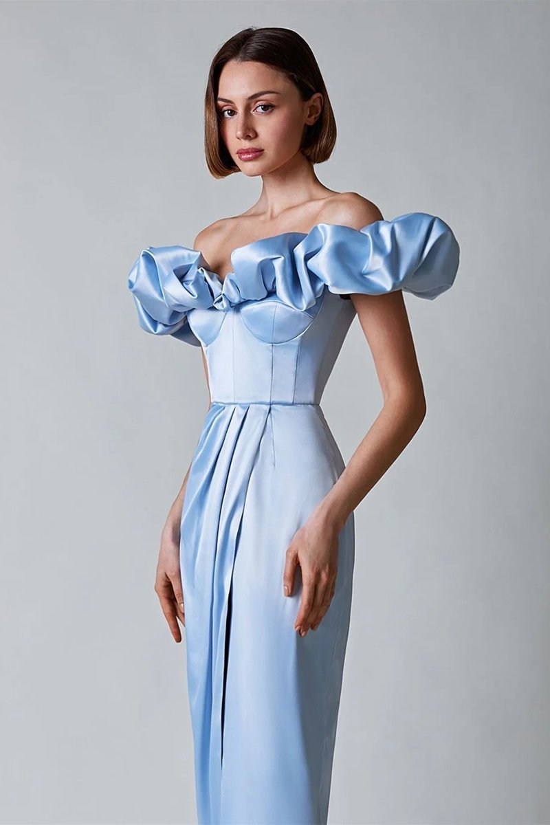 Satin Off Shoulder Ruffle Corset Bustier High Split Wrap Maxi Gown
