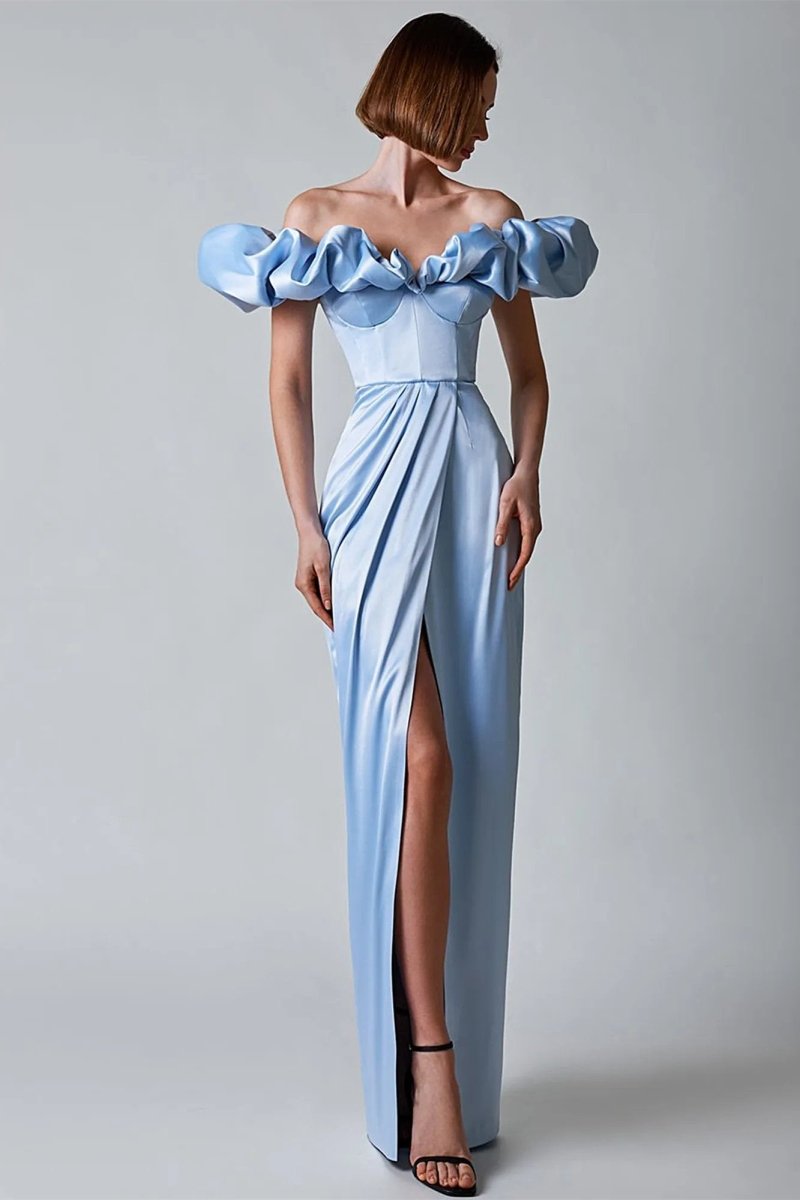 Satin Off Shoulder Ruffle Corset Bustier High Split Wrap Maxi Gown