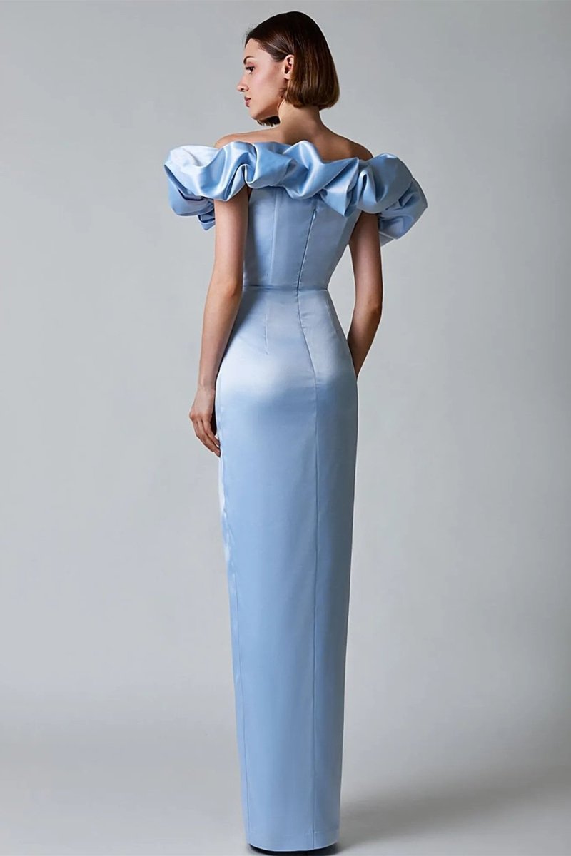 Satin Off Shoulder Ruffle Corset Bustier High Split Wrap Maxi Gown