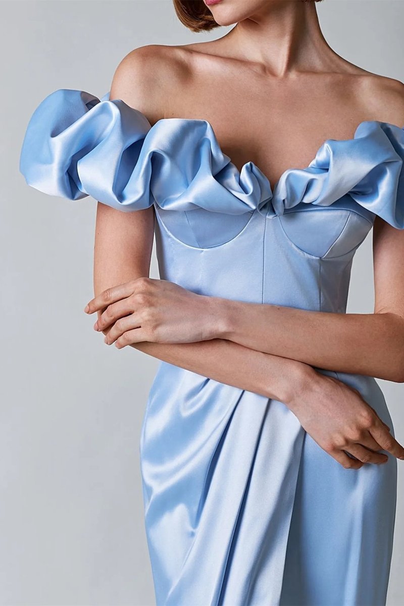 Satin Off Shoulder Ruffle Corset Bustier High Split Wrap Maxi Gown