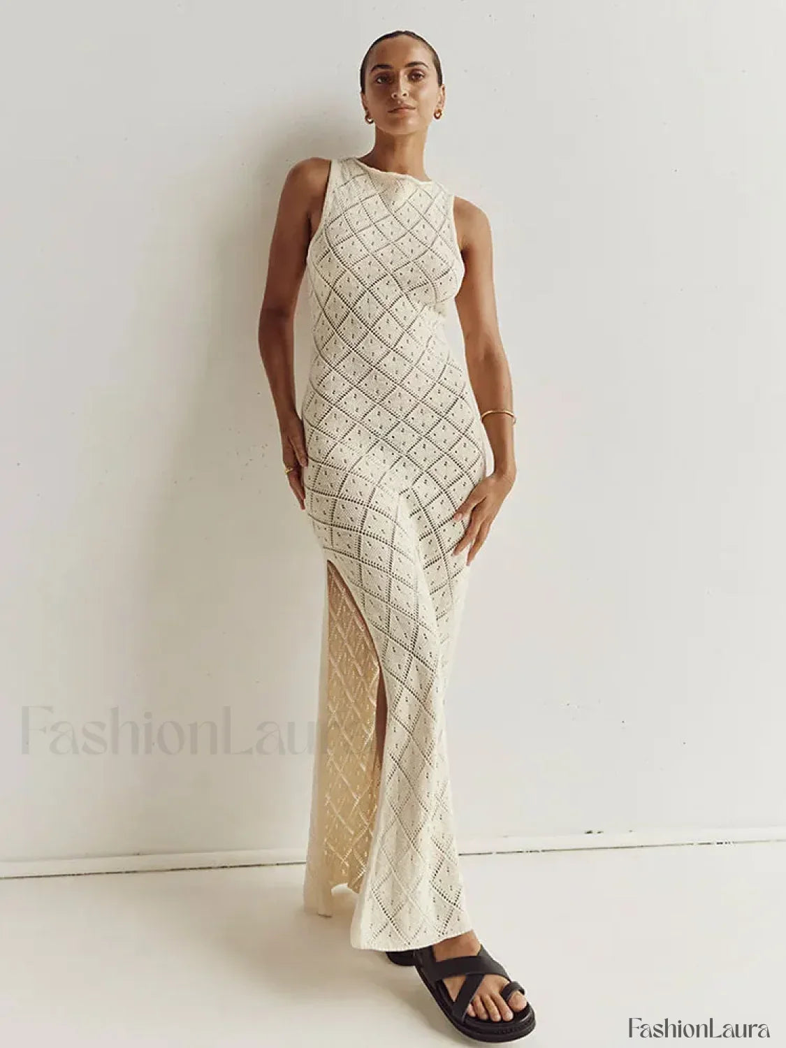 Cut Out Slit Knit Mesh Pareo Tunic Style Cover-ups