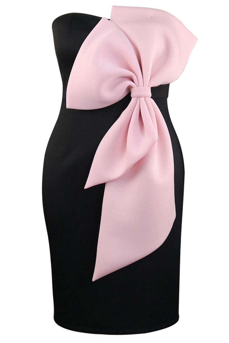 Strapless Bow Applique Bodycon Midi Cocktail Party Dress