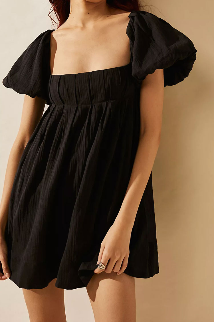 Cute Puff Sleeve Pleated Lace Up Backless Summer Babydoll Mini Dress