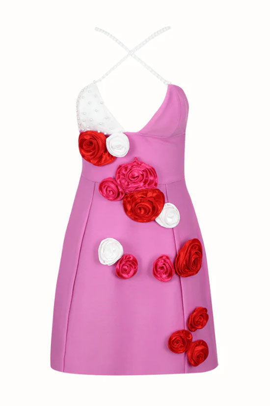 Rosette Applique Pearl Strap Bustier A-Line Bandage Mini Dress