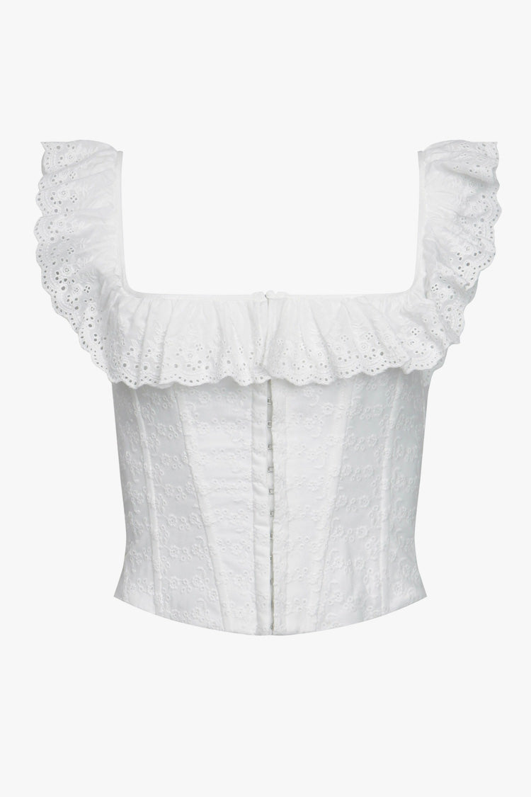 Cute Ruffle Square Neck Hook & Eye Broderie Anglaise Crop Corset Top