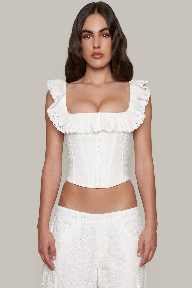 Cute Ruffle Square Neck Hook & Eye Broderie Anglaise Crop Corset Top