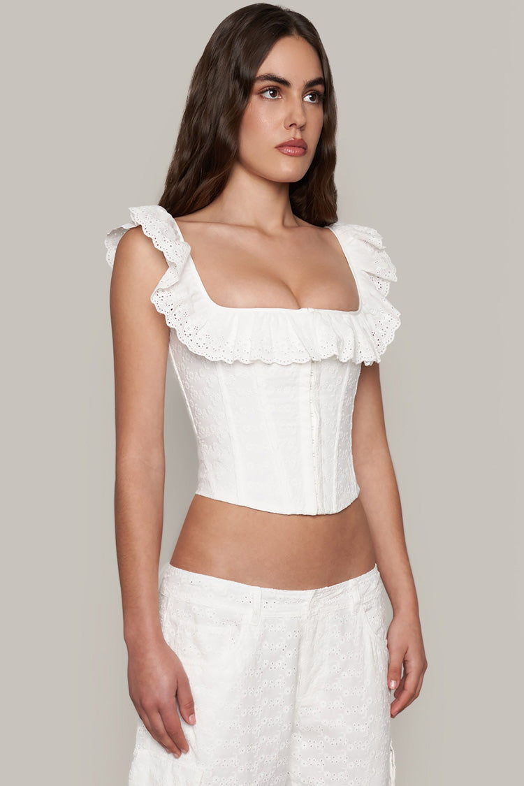 Cute Ruffle Square Neck Hook & Eye Broderie Anglaise Crop Corset Top