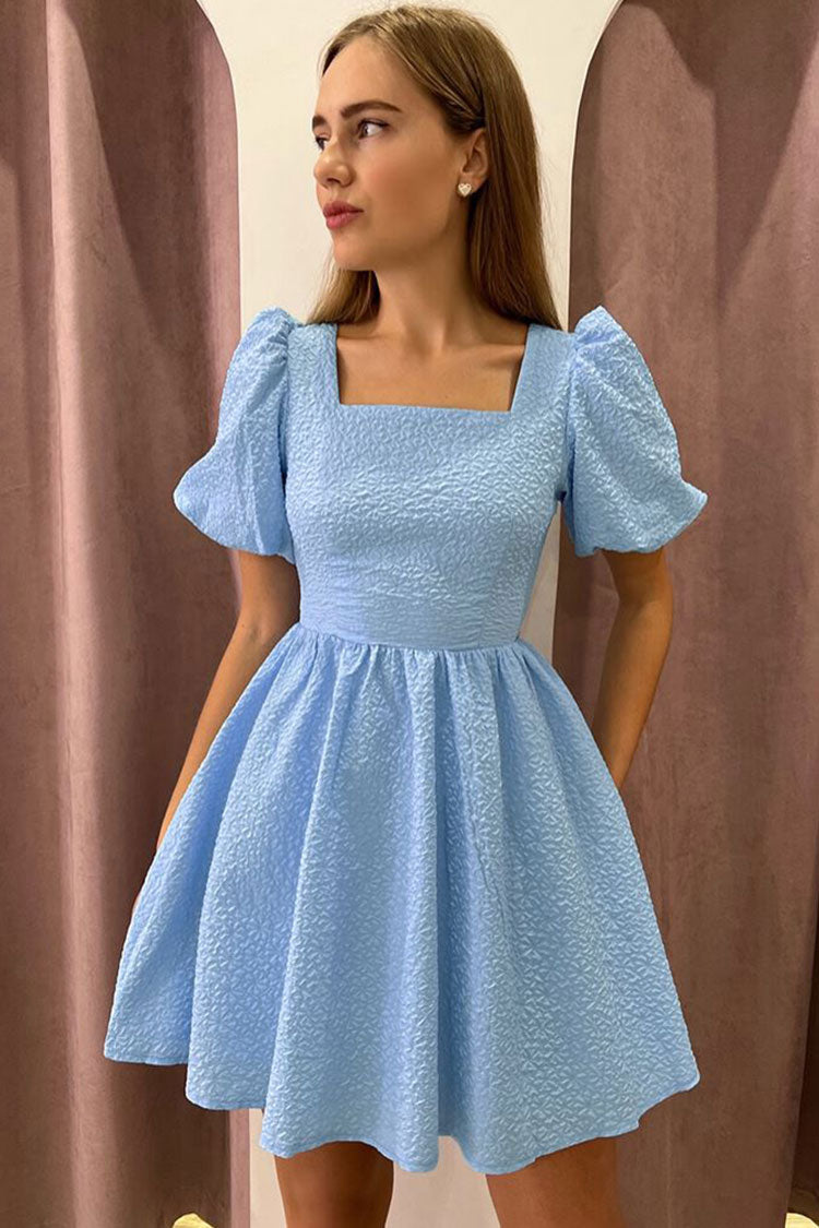 Textured Jacquard Square Neck Puff Sleeve Fit and Flare Mini Dress