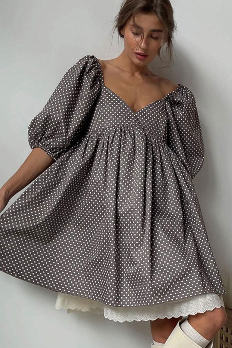 Polka Dot V-Neck Puff Sleeve Lace Trim Babydoll Mini Dress