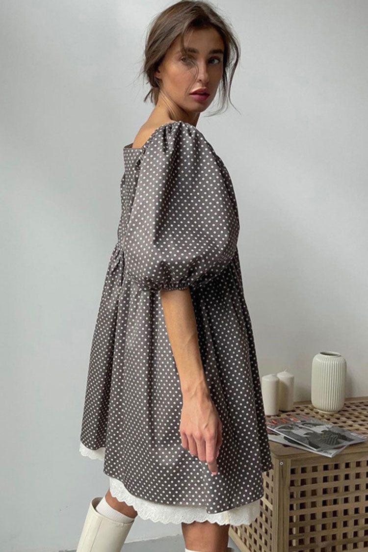 Polka Dot V-Neck Puff Sleeve Lace Trim Babydoll Mini Dress 3