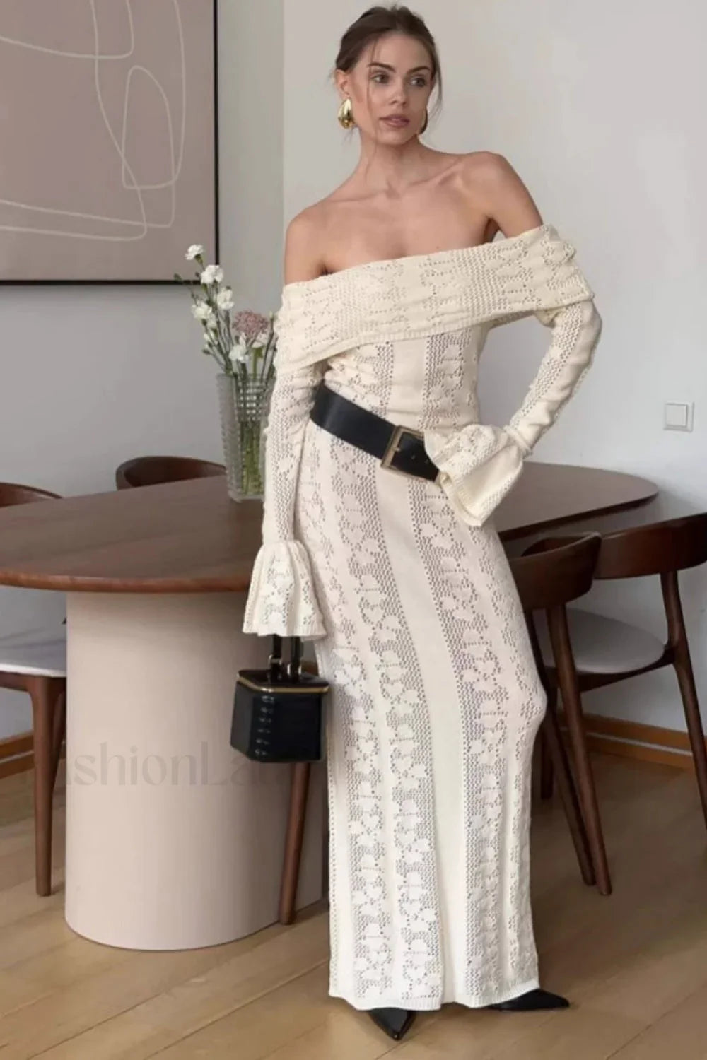 Cutout Off-Shoulder Crochet Knit Bodycon Maxi Dress