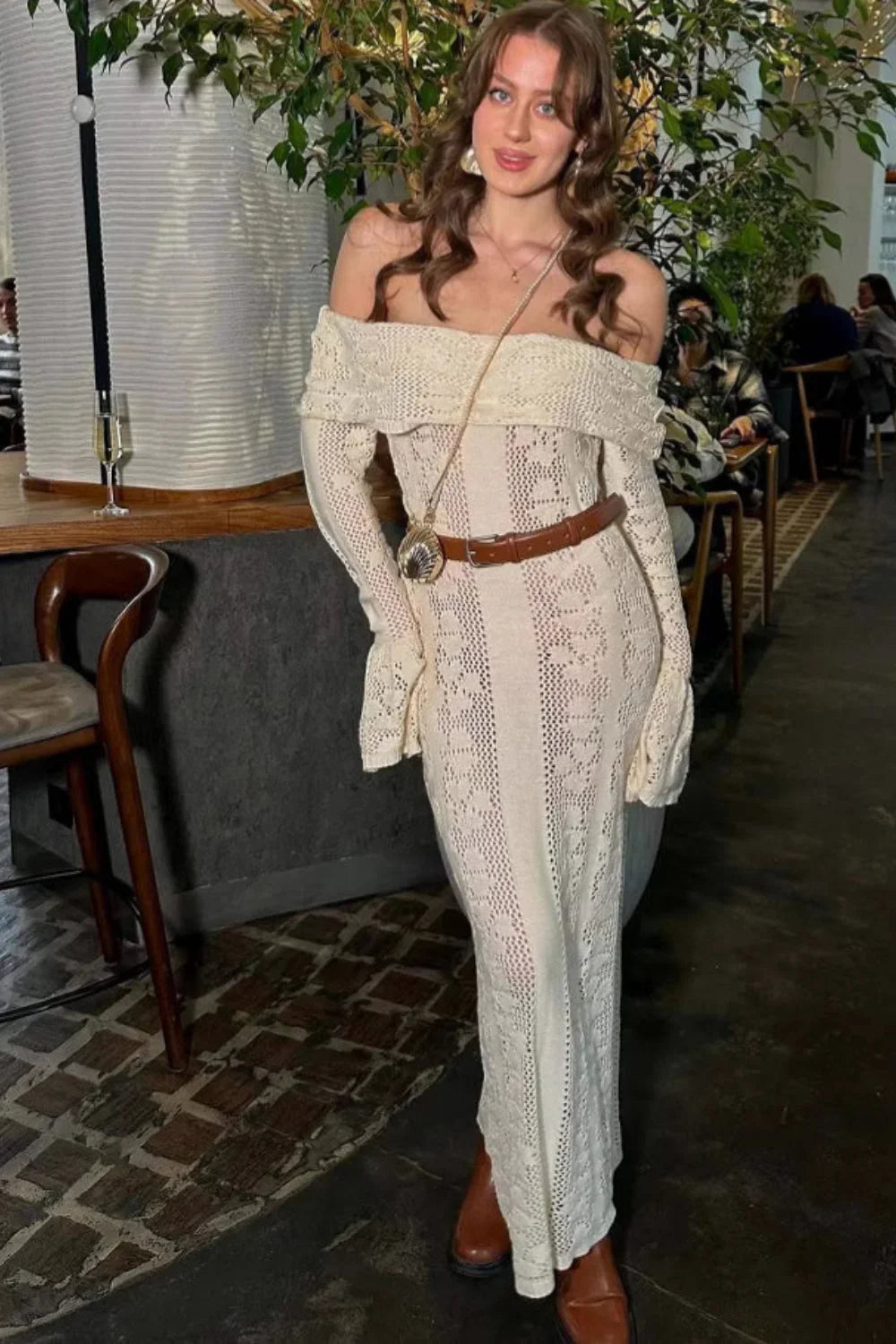 Cutout Off-Shoulder Crochet Knit Bodycon Maxi Dress