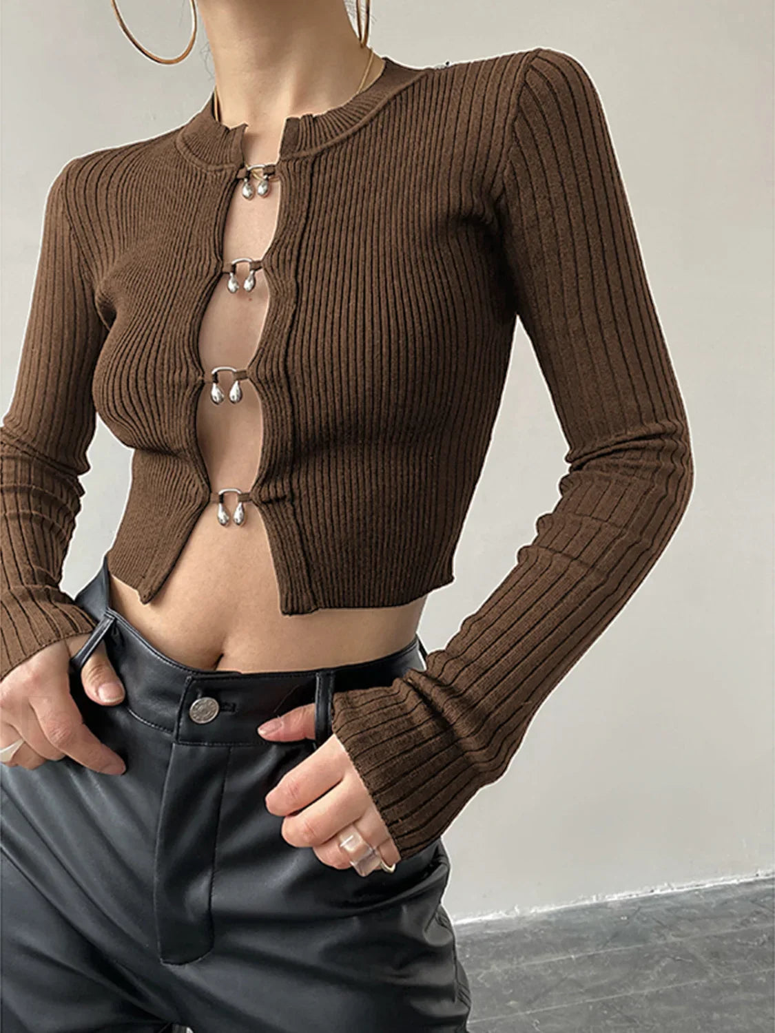 Cutout Split Beads Trendy Detail Ribbed Knit Top Dark Brown / XS Sweaters L