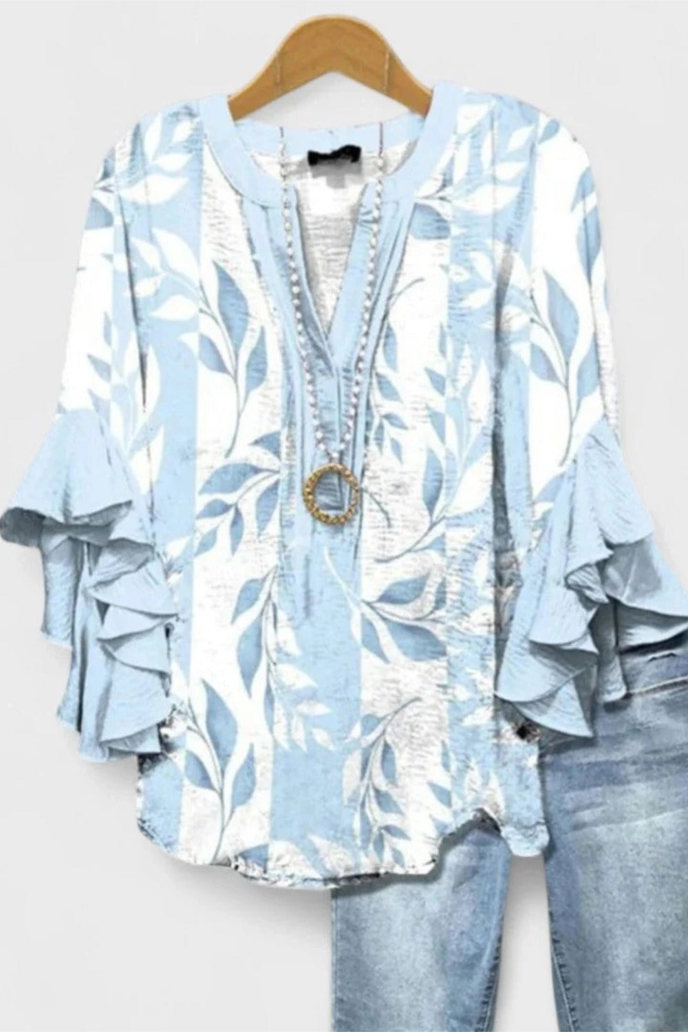 Leaf Print Ruffle Bell Sleeve V-Neck Blouse