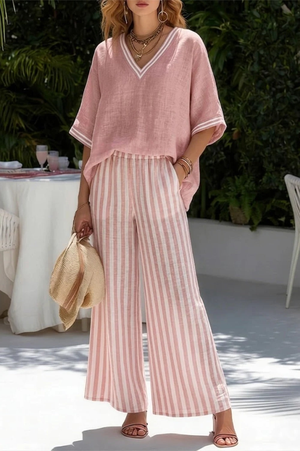 Striped Linen Two Piece Casual Summer Outfit Set
