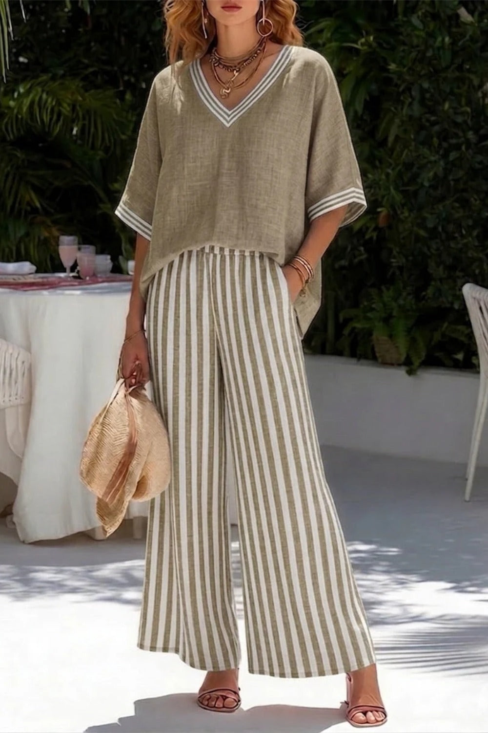 Striped Linen Two Piece Casual Summer Outfit Set