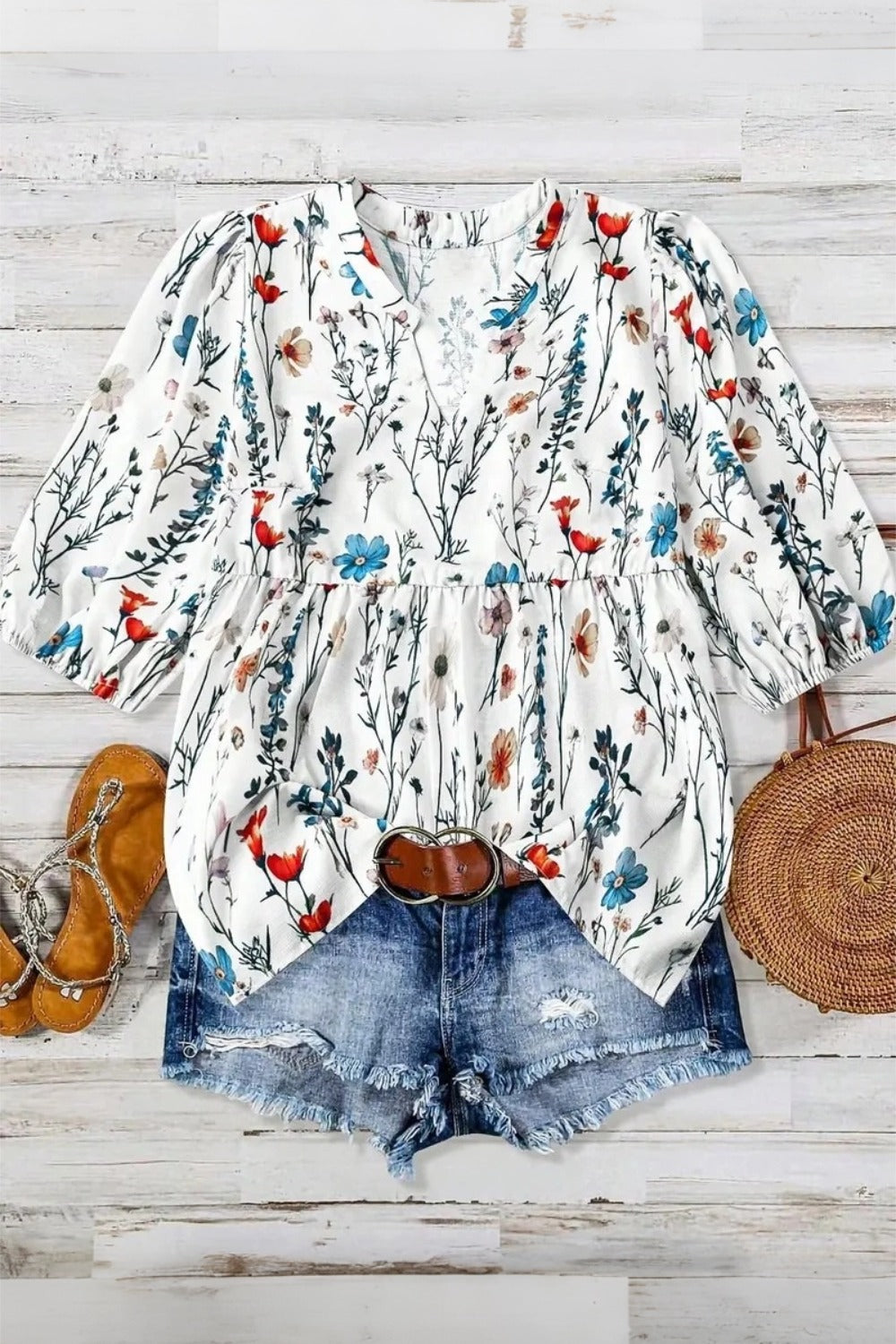Wildflower Floral Print Notch Neck Puff Sleeve Peplum Blouse