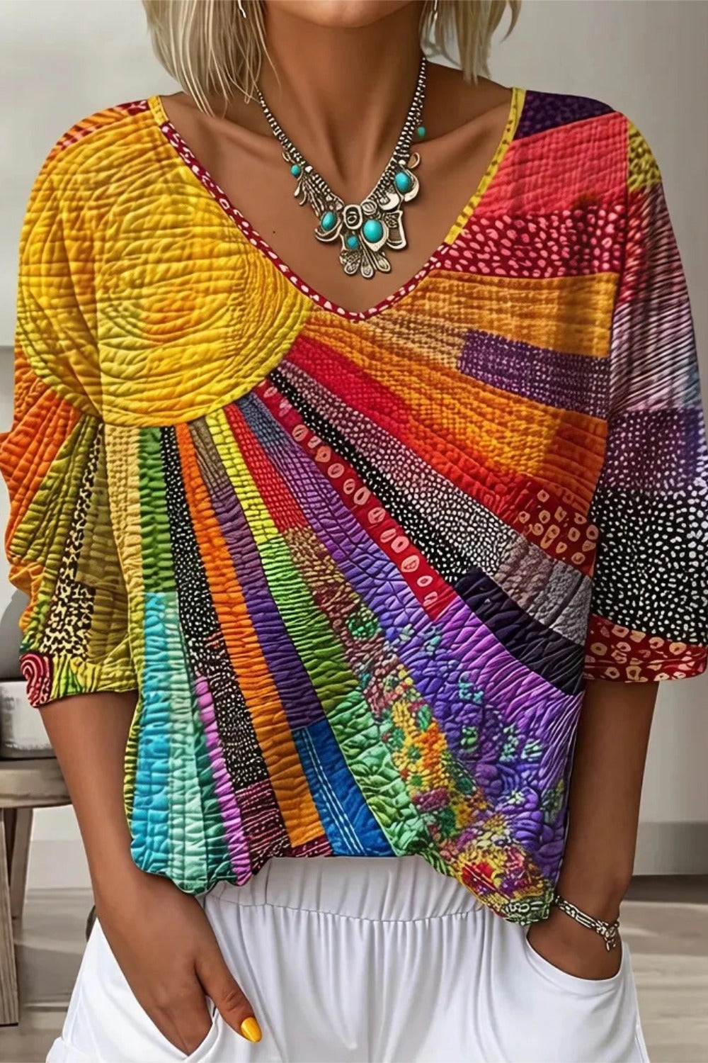 Abstract Print V-Neck Long Sleeve Loose Top