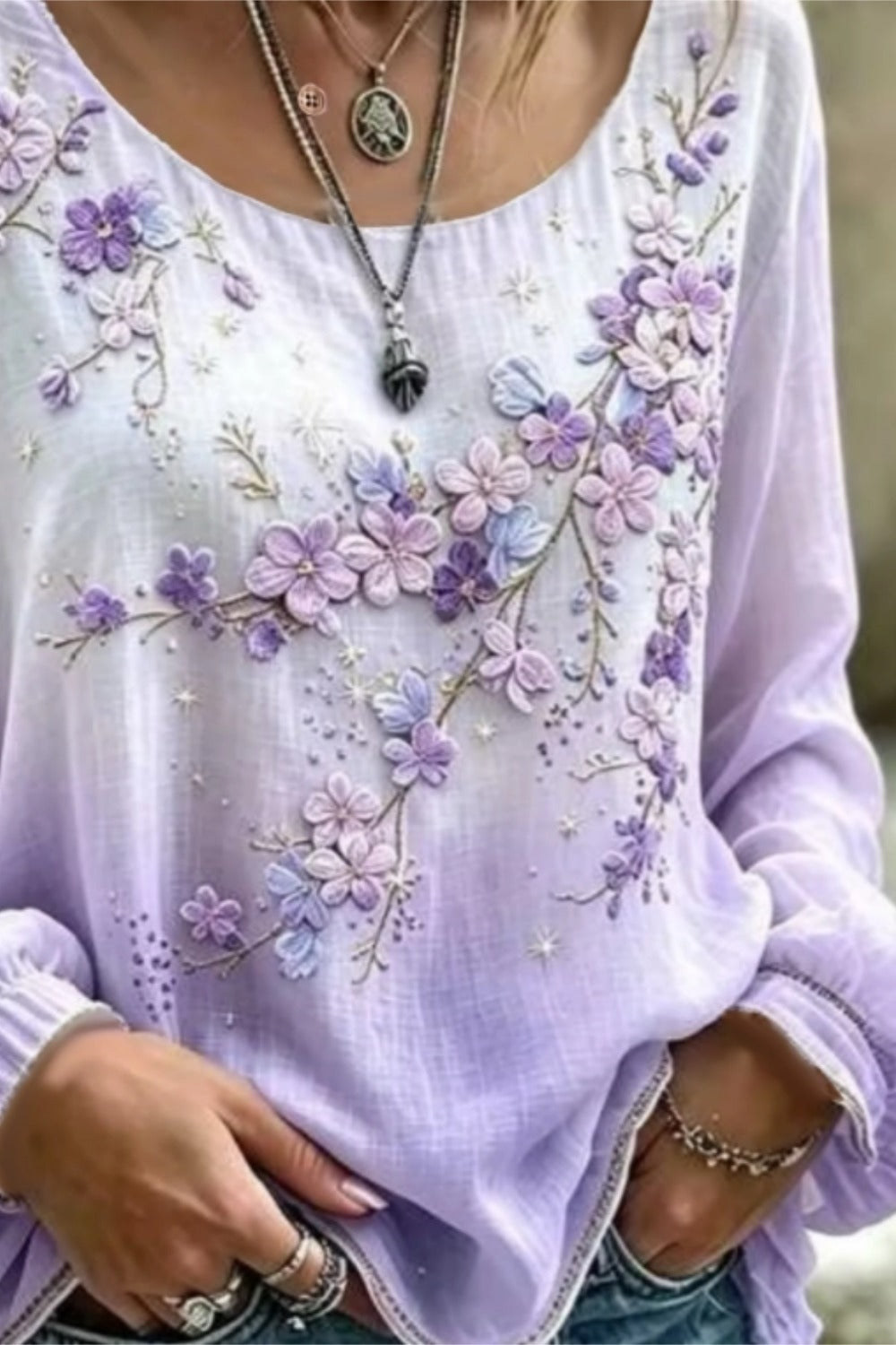 Crew Neck Long Sleeve Floral Printing Lightweight Micro-Elasticity Loose Blouse For Women
