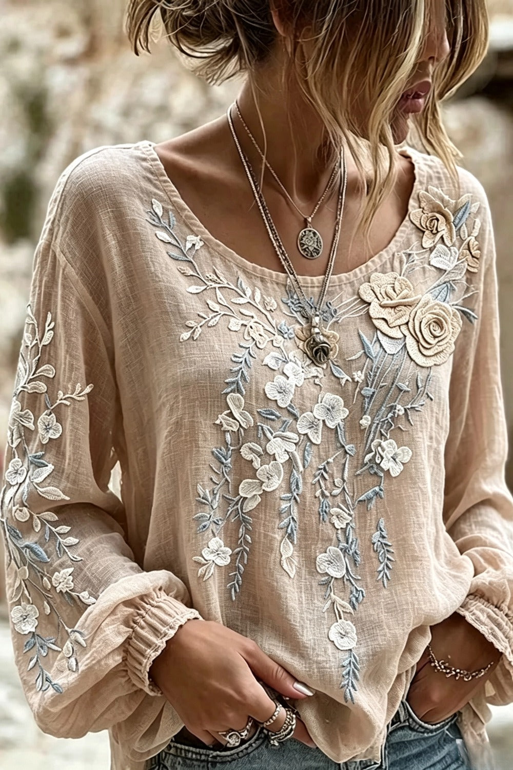 Crew Neck Long Sleeve Floral Regular Micro-Elasticity Loose Blouse For Women