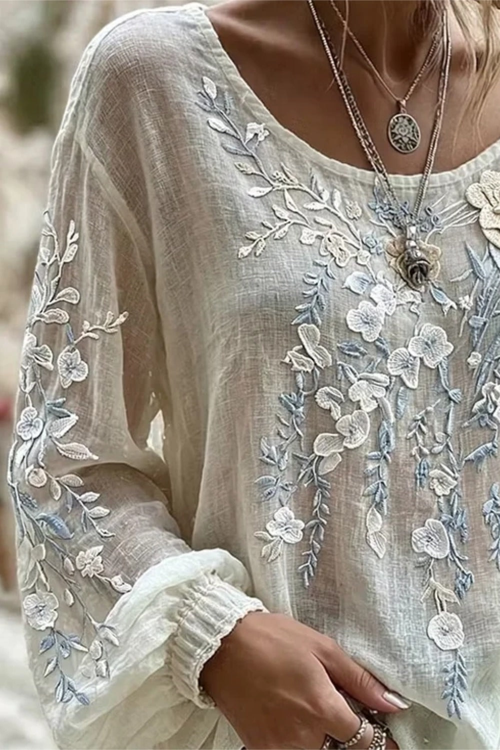 Crew Neck Long Sleeve Floral Regular Micro-Elasticity Loose Blouse For Women