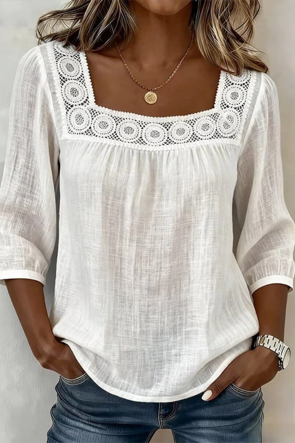 Square Neck Half Sleeve Plain Regular Loose Blouse For Women