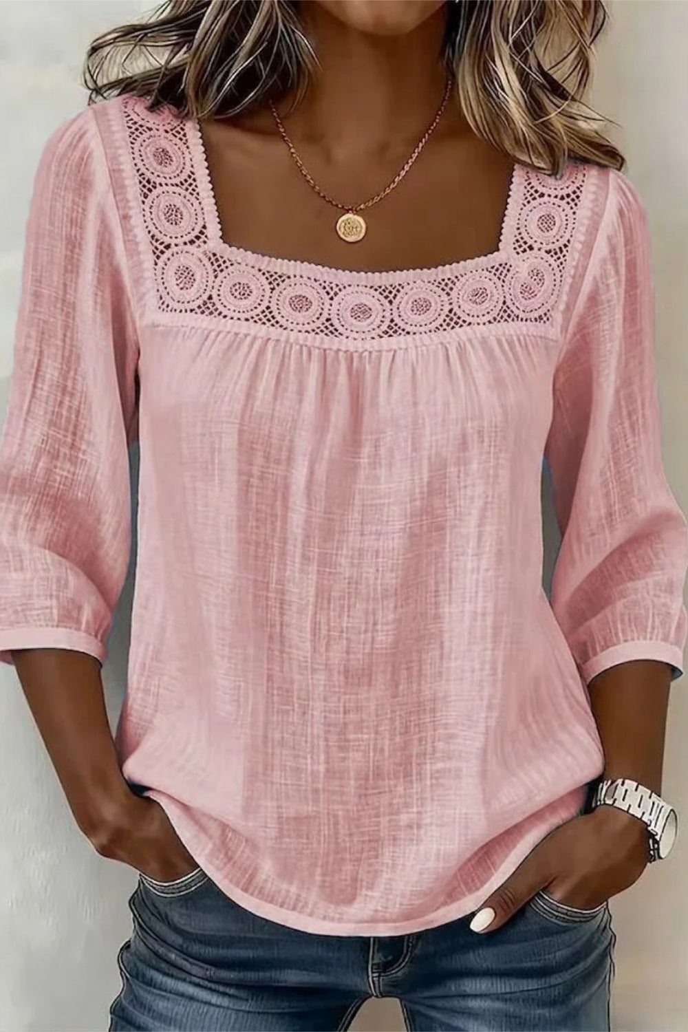 Square Neck Half Sleeve Plain Regular Loose Blouse For Women