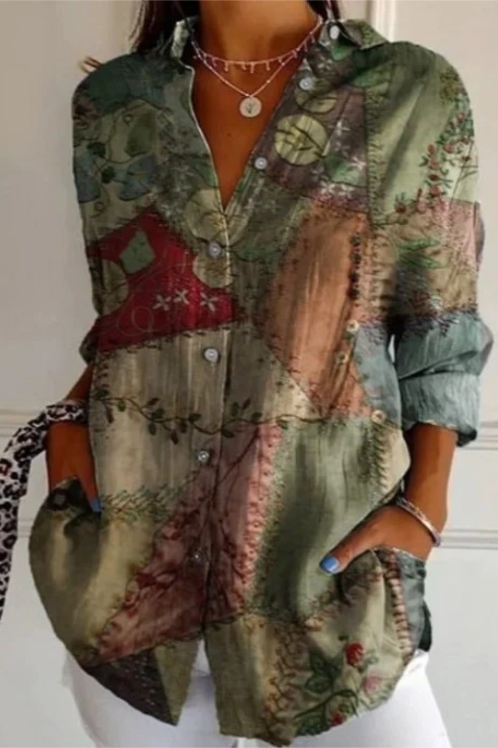 Women's Shirt Cotton Button Up Floral Geometric Basic Blouse Casual Long Sleeve Shirt