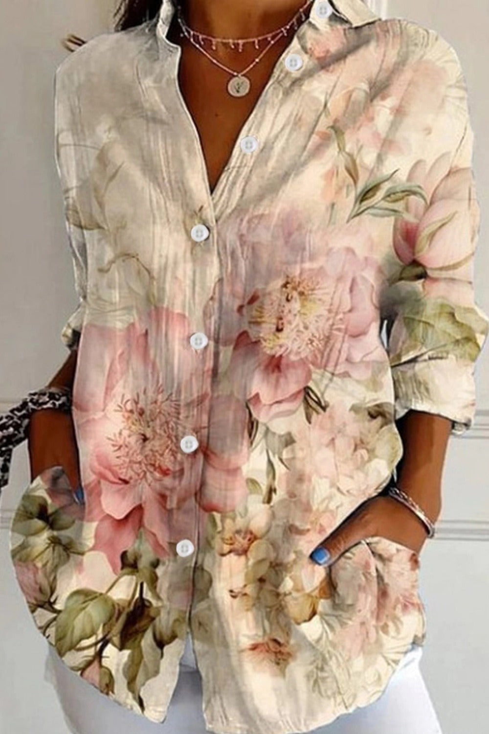 Watercolor Floral Print Long Sleeve Button Up Shirt