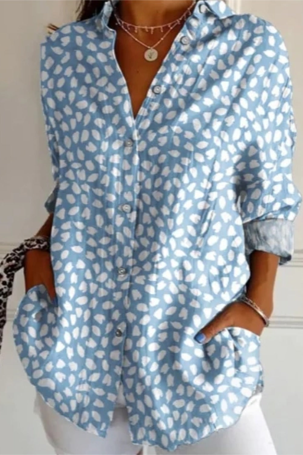 Women's Shirt Cotton Button Up Floral Geometric Basic Blouse Casual Long Sleeve Shirt