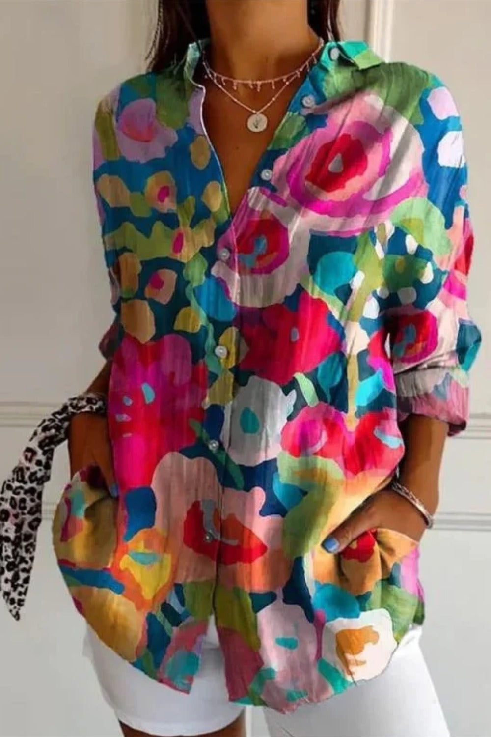 Women's Shirt Cotton Button Up Floral Geometric Basic Blouse Casual Long Sleeve Shirt