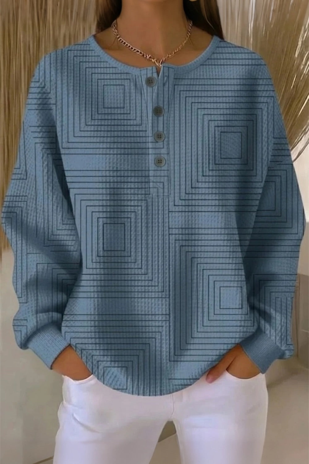 Geometric Square Waffle Knit Henley Long Sleeve Top