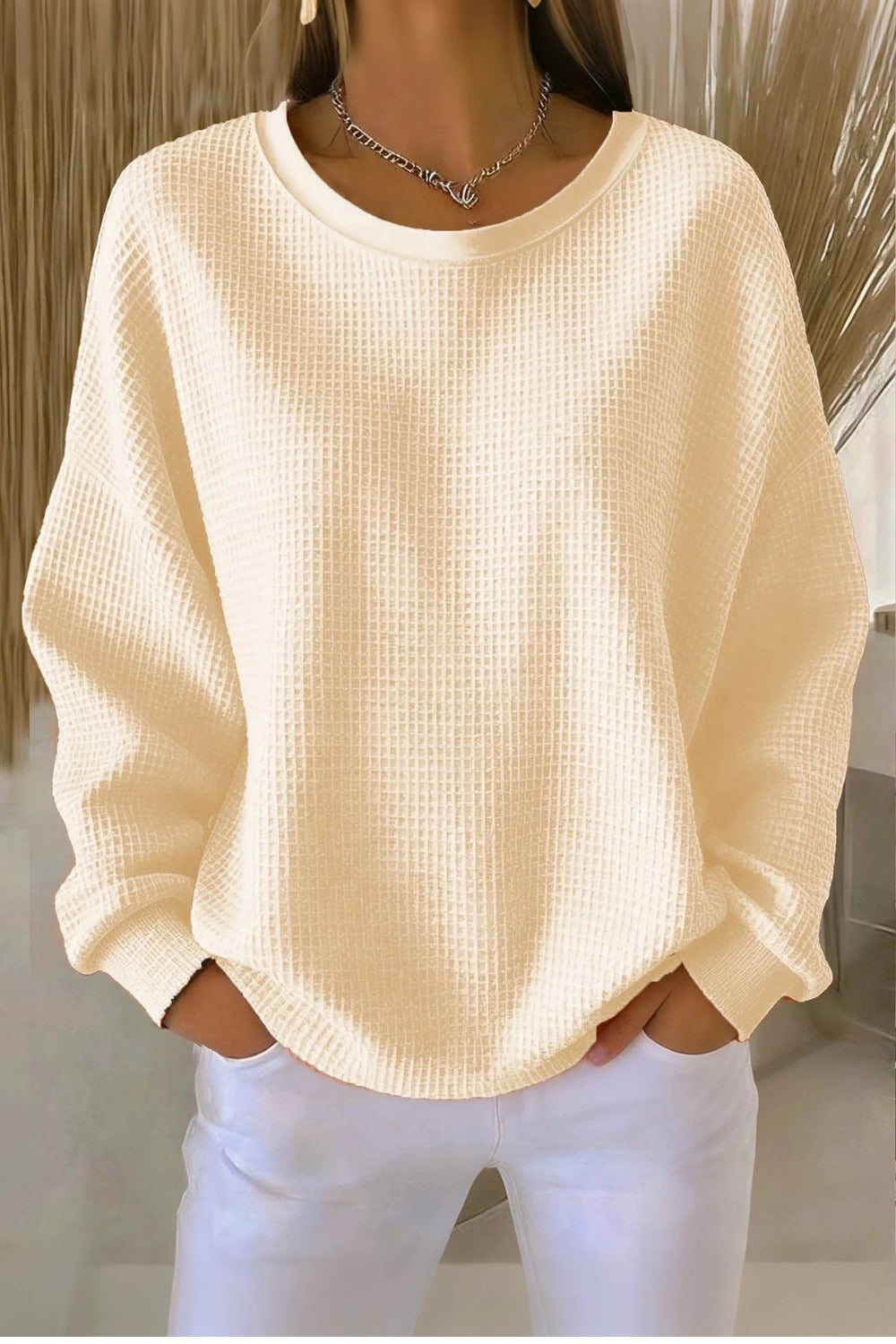 Women's Casual Plain Crew Neck Waffle Sweatshirt