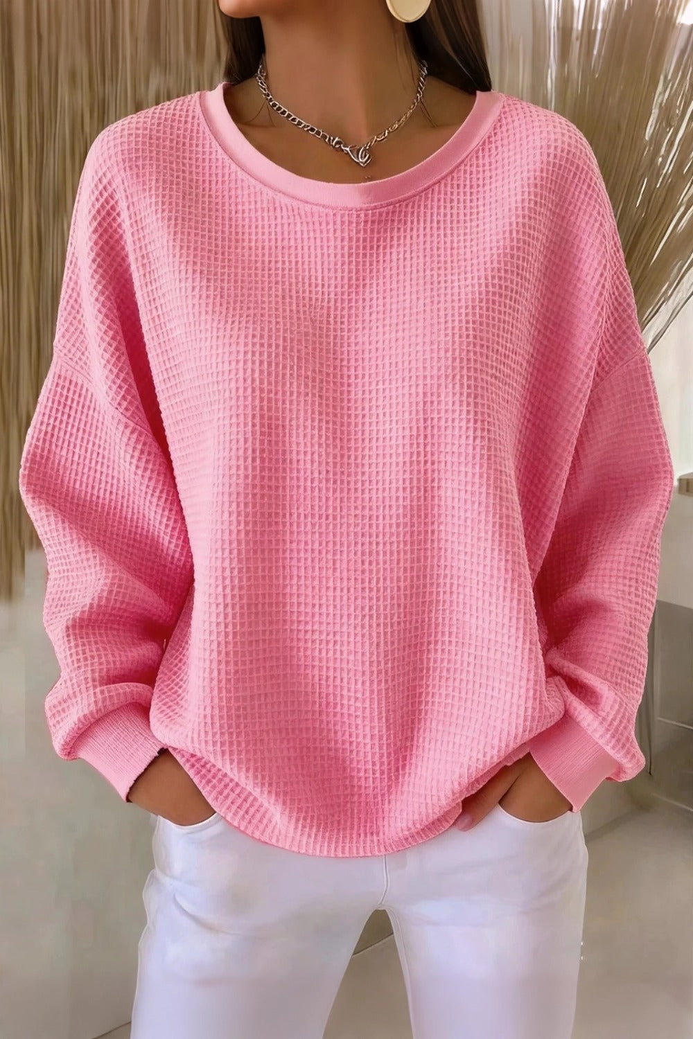 Women's Casual Plain Crew Neck Waffle Sweatshirt