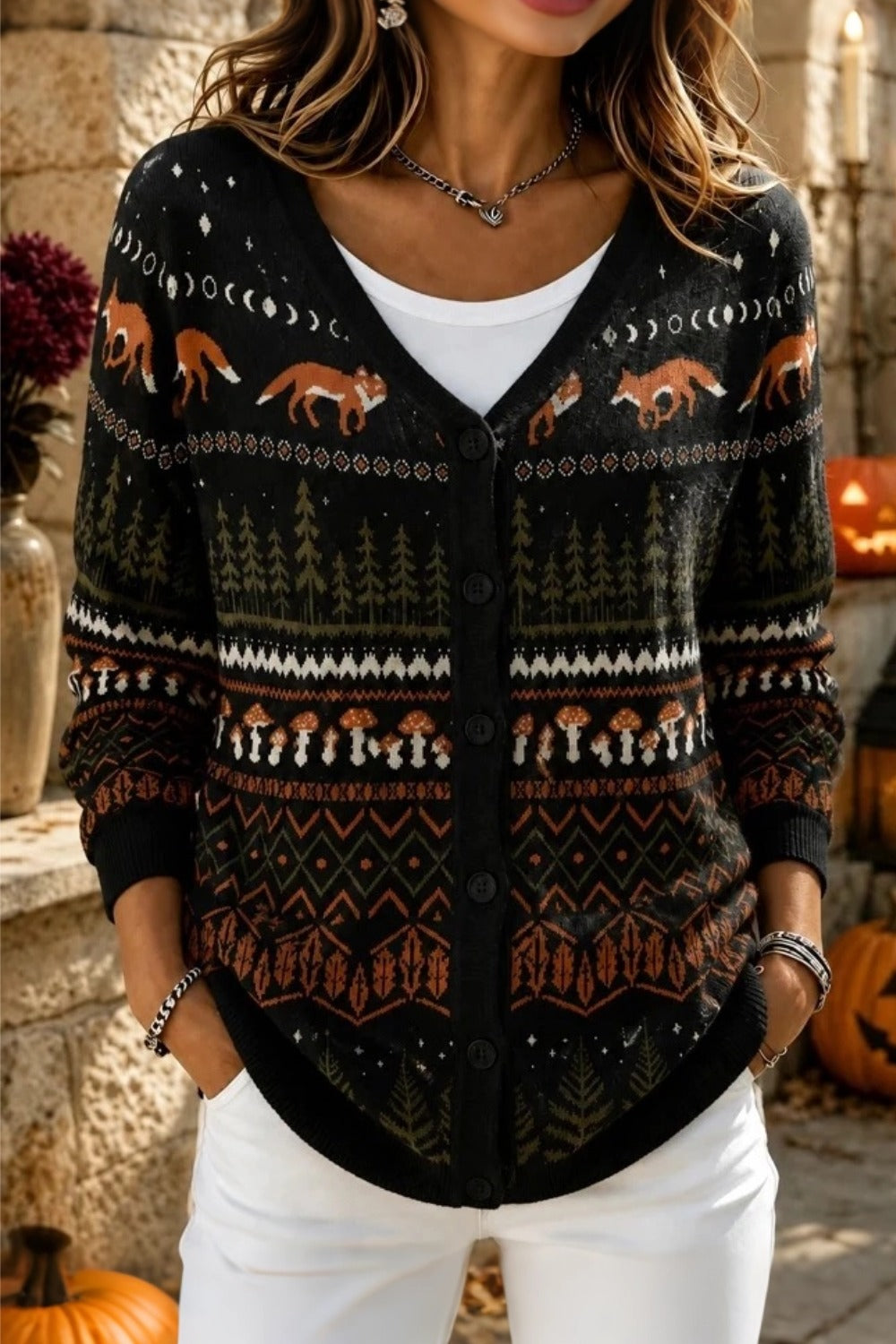 Fox Forest Fair Isle Print V-Neck Button Front Knit Cardigan
