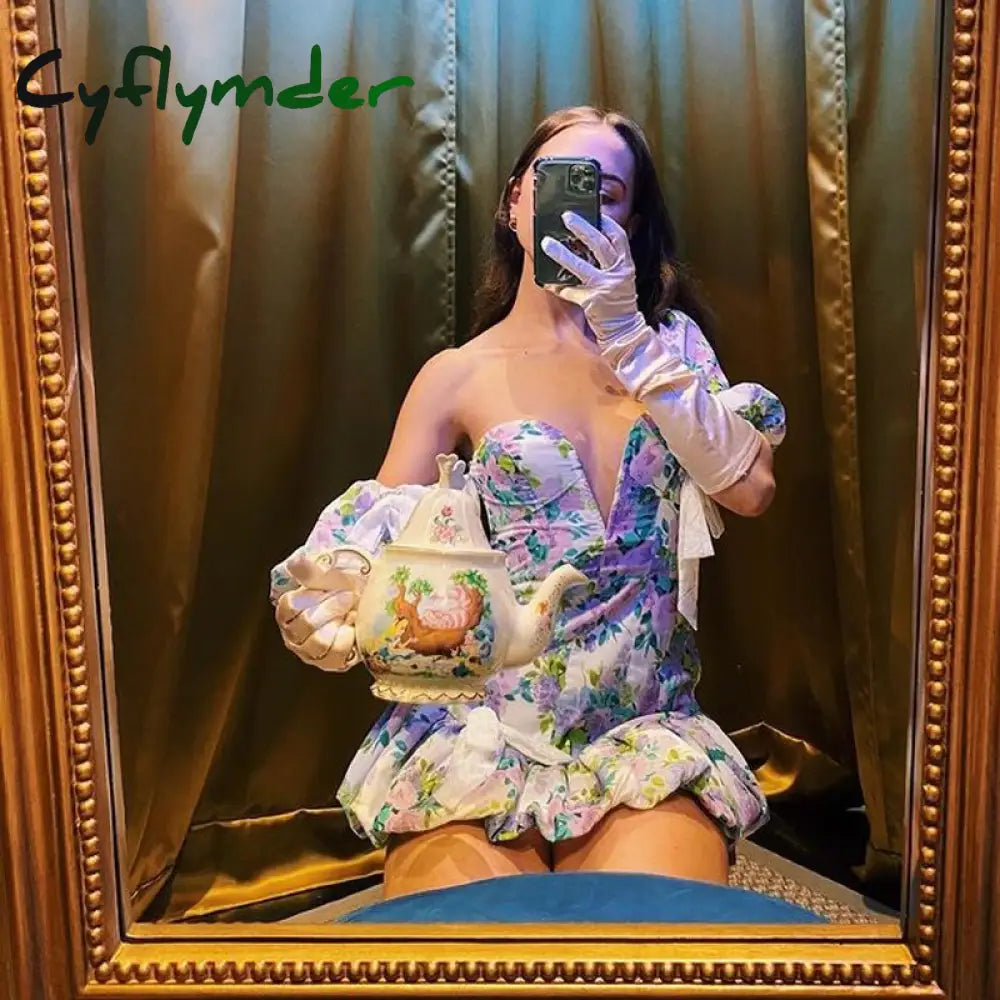 Floral Off Shoulder Puff Sleeve Corset Mini Dress 3