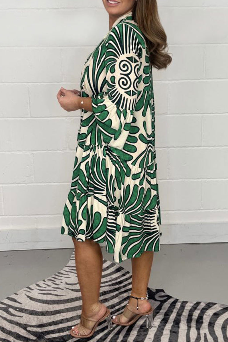 Abstract Floral Print Mandarin Collar Bell Sleeve Smock Tiered Midi Dress