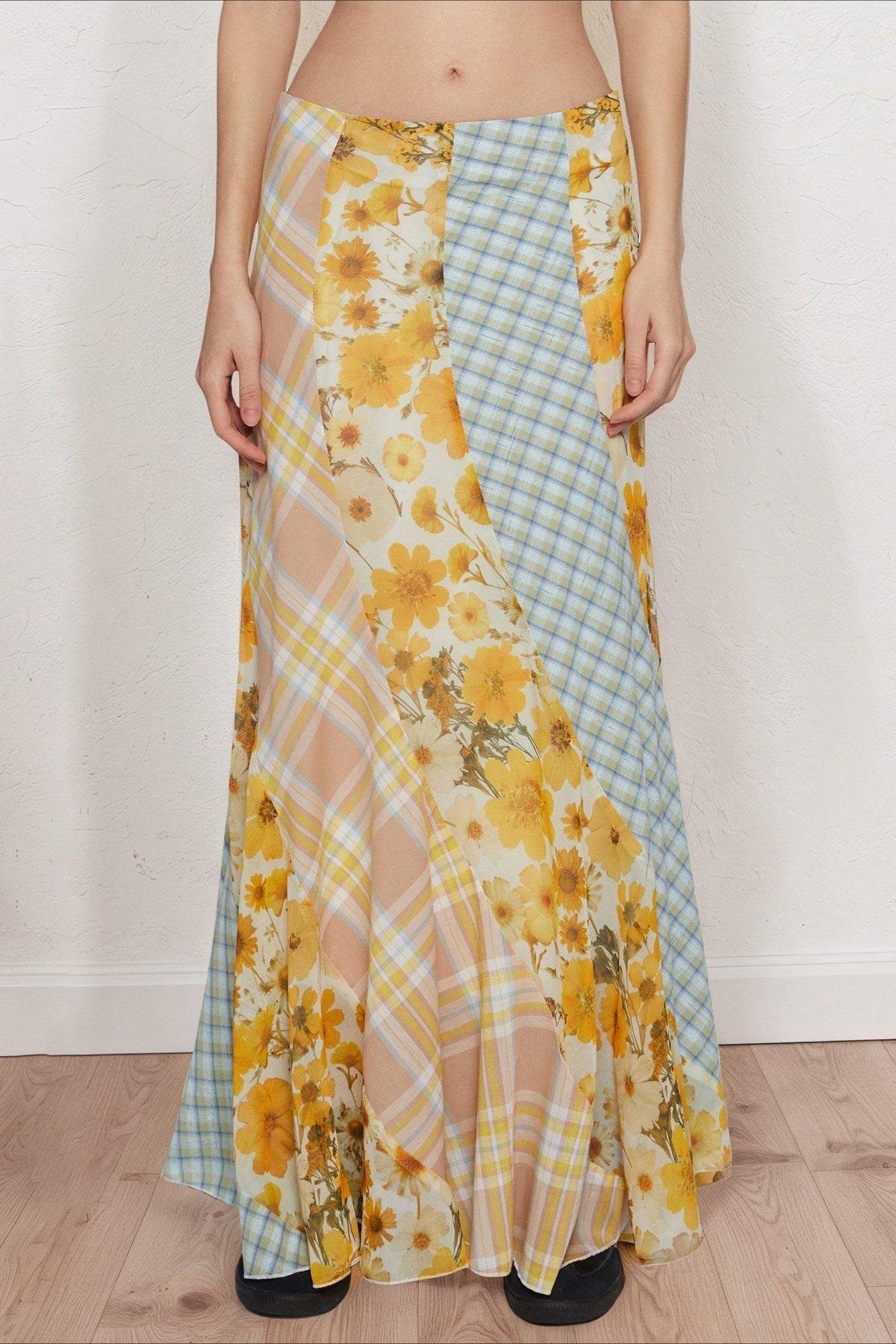 Floral Plaid Patchwork Low Waist Mermaid Maxi Skirt 2