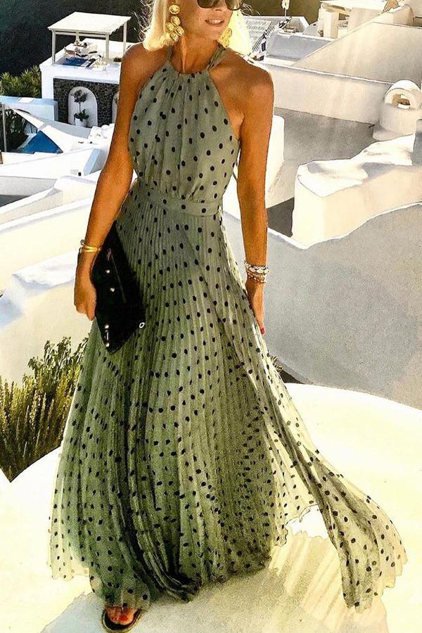 Polka Dot Halter Neck Sleeveless Pleated Belted Maxi Dress
