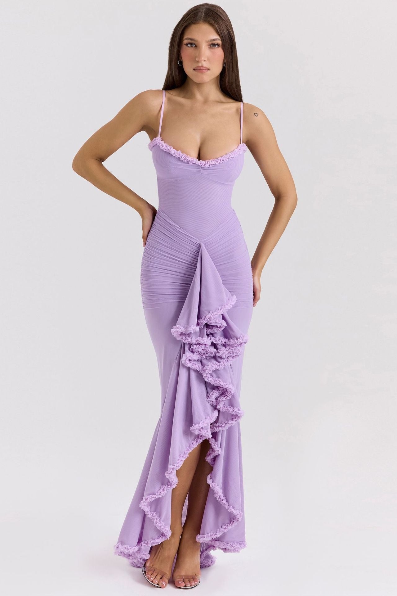 Spaghetti Strap Ruffle Trim High Low Asymmetrical Mini Party Dress